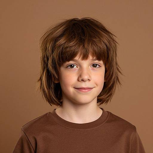 Photograph of a young boy with medium brown shaggy hair, fair skin, brown eyes, and a subtle smile, wearing a brown shirt against