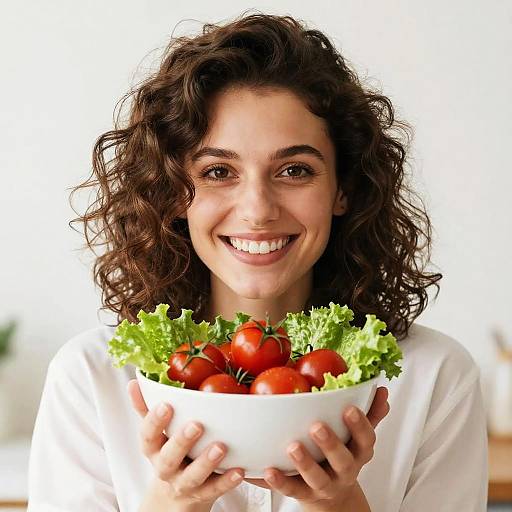 Photograph of a smiling woman with curly brown hair, holding a white bowl filled with red cherry tomatoes and green lettuce. She wears a white shirt against