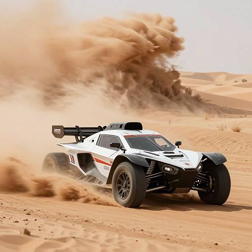 Photograph of a white and black rally car speeding through a sandy desert, kicking up massive clouds of dust behind it.