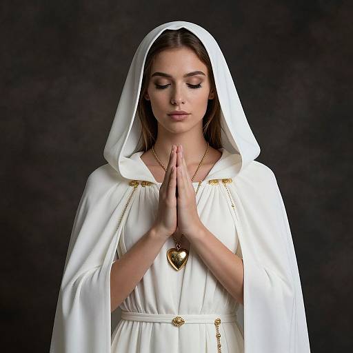 Photograph of a young woman with closed eyes, praying with hands together, wearing a white hooded robe and gold heart necklace, against a dark background