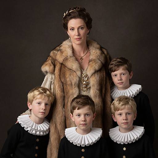 Photograph of a Victorian-style woman in a fur coat with four young boys in black attire and white ruffled collars, dark background. Regal