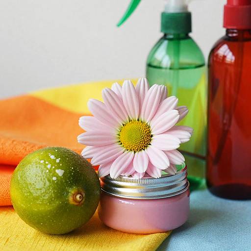Pink Daisy with Lime and Colorful Bottles