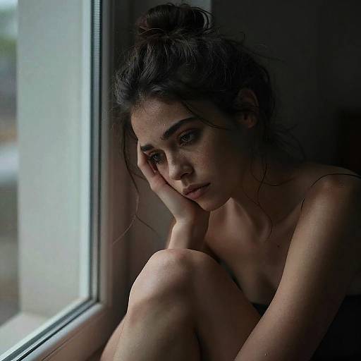Photograph of a pensive, dark-haired woman with fair skin, sitting nude by a window, her head resting on her hand, in dim,