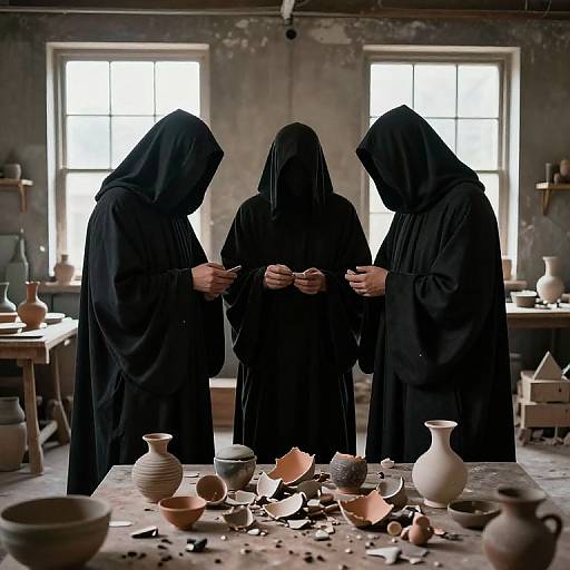 Photograph: Three hooded figures in black robes, standing in a dimly lit, rustic kitchen with broken pottery on a wooden table, illuminated by