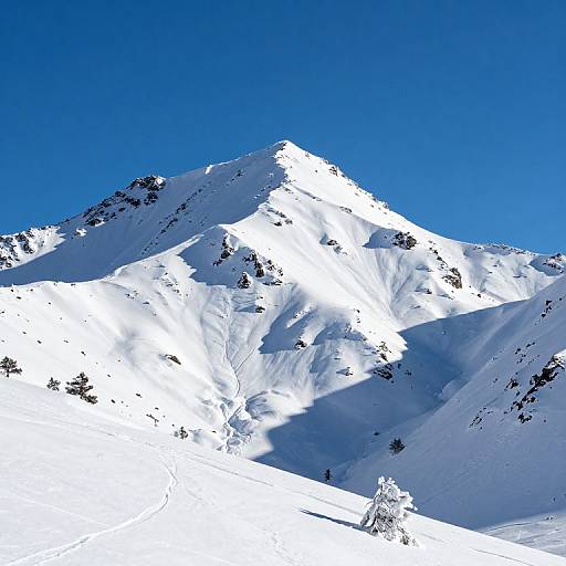Photograph of a snow-covered mountain peak under a clear, bright blue sky, with sparse dark tree shadows on the white slopes.