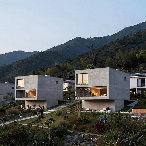 Photograph of modern, cube-shaped concrete houses with large, illuminated windows, set on a lush, sloping hillside with mountain backdrop.