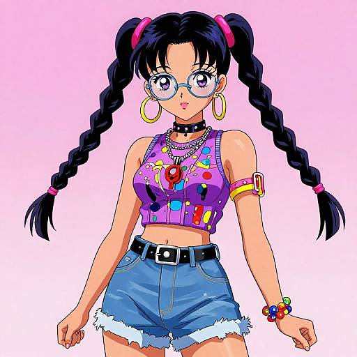 Anime-style drawing of a girl with black pigtails, glasses, colorful crop top, denim shorts, bracelets, and hoop earrings on pink background.
