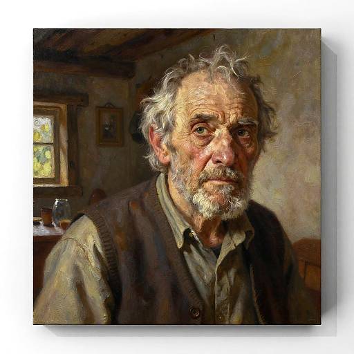 Digital painting of an elderly man with a weathered face, gray beard, and tousled hair, wearing a brown vest over a green shirt, seated