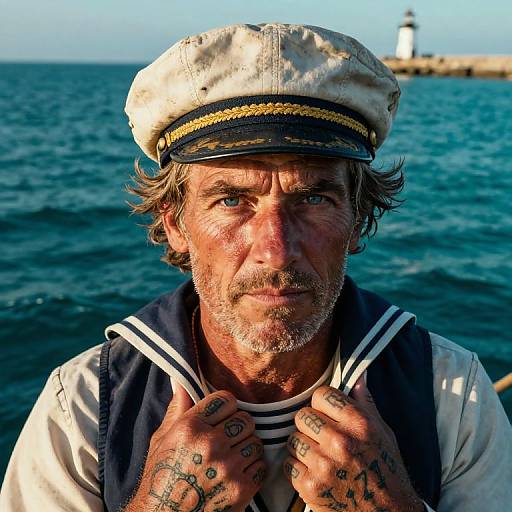 Tattooed, grizzled sailor with salt-and-pepper beard, wearing white sailor hat and striped shirt, gripping collar, against a blue