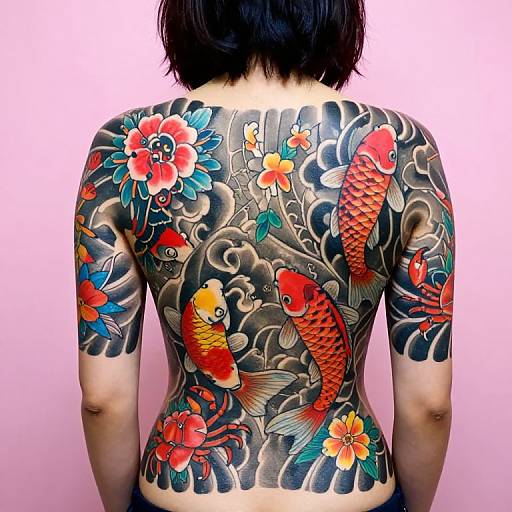 Vivid Japanese Koi Fish Full-Back Tattoo