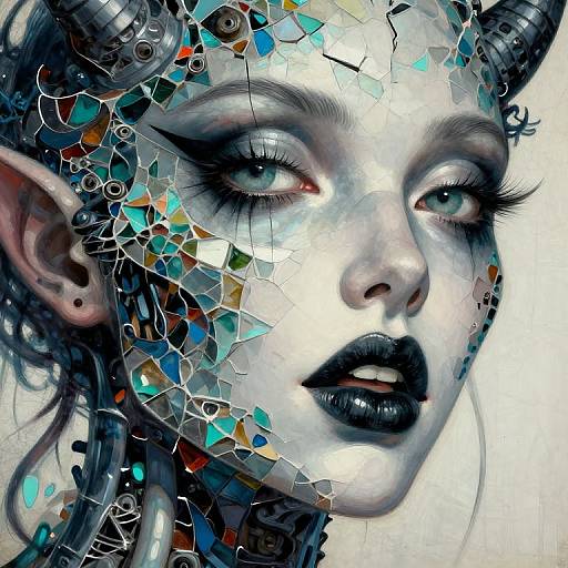 Digital art of a cyberpunk elf with cracked, mosaic-like face, mechanical horns, and black lips, featuring vivid blue and orange fragments.