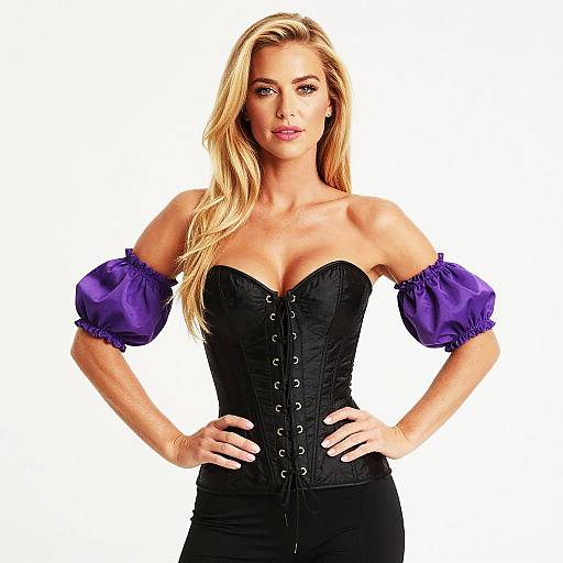 Photograph of a blonde woman with long hair, wearing a black off-shoulder corset with purple puffed sleeves, hands on hips, white