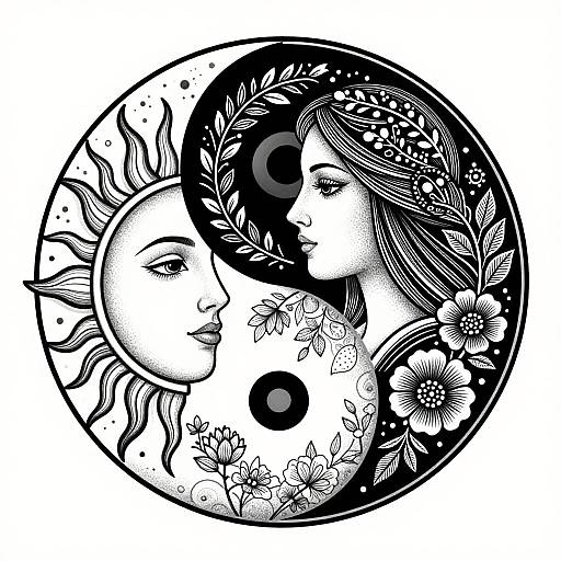Black and white tattoo-style digital artwork of a sun with a human face and a woman's face, surrounded by floral patterns and a crescent moon.