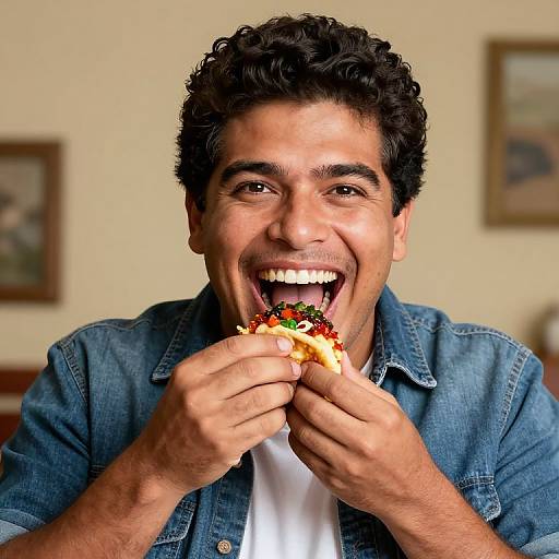 Photograph of a smiling, dark-haired man with curly hair, wearing a blue denim shirt, eating a colorful pizza slice, with blurred framed pictures in