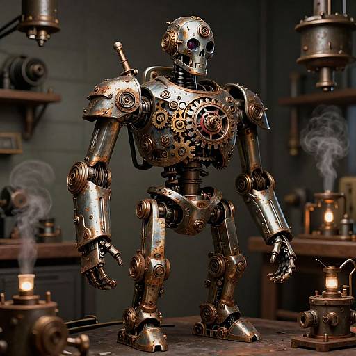 Photorealistic CGI of a steampunk robot with brass gears, smoke, and glowing lights in a dark, industrial workshop.
