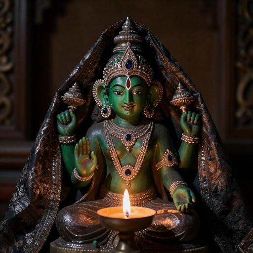 Candlelit Green Hindu Deity Statue