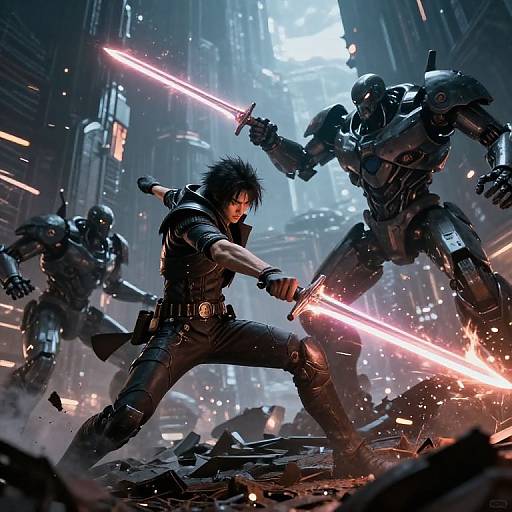 Digital artwork of a spiky-haired warrior wielding a glowing red lightsaber, battling three robotic enemies in a futuristic, ruined cityscape.