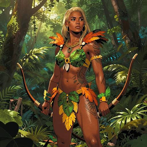 Digital art of a muscular, dark-skinned woman with blonde hair, tribal feathered attire, tattoos, and bow in a lush jungle.