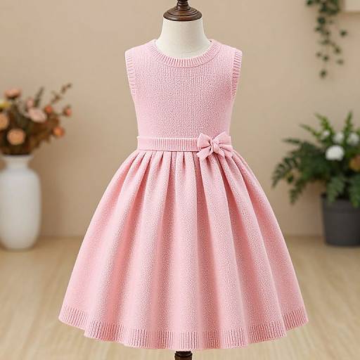 Photograph of a pink, knitted, sleeveless dress with a bow on the waist, displayed on a mannequin in a softly lit room