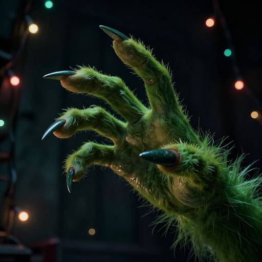 Close-up photograph of a green, furry, clawed hand with sharp, metallic claws against a dark, colorful, out-of-focus background.