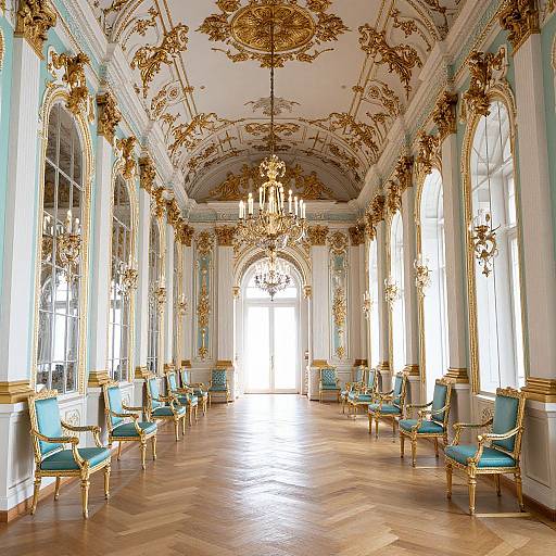 Luxurious, ornately decorated hallway with gold-embellished ceiling, turquoise and gold armchairs, tall arched windows, and chandel