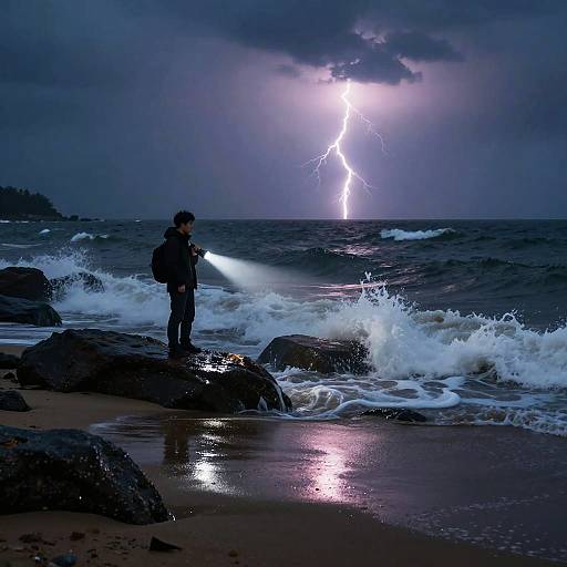 Photograph of a person standing on rocky shore at night, shining flashlight at lightning bolt striking ocean, waves crashing, dark cloudy sky, reflective wet sand