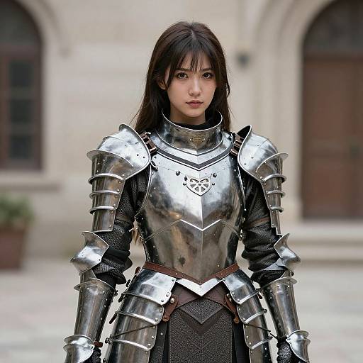 Photograph of an East Asian woman with long black hair in reflective silver medieval armor, standing in front of a blurred stone building. She has a serious