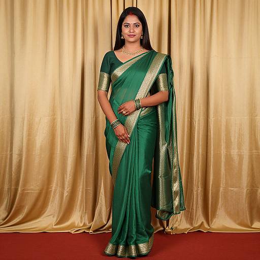 Photograph of a South Asian woman in a green silk saree with gold trim, standing against golden curtains, wearing gold jewelry and bangles.