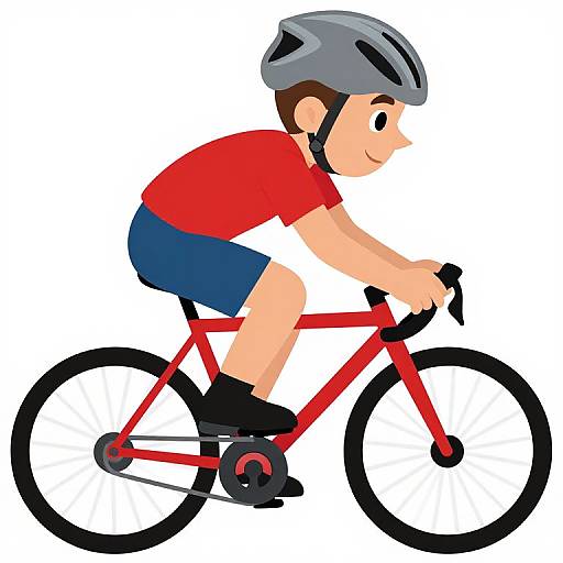 Cartoon-style illustration of a smiling boy in a red shirt, blue shorts, and gray helmet, riding a red bicycle against a white background.