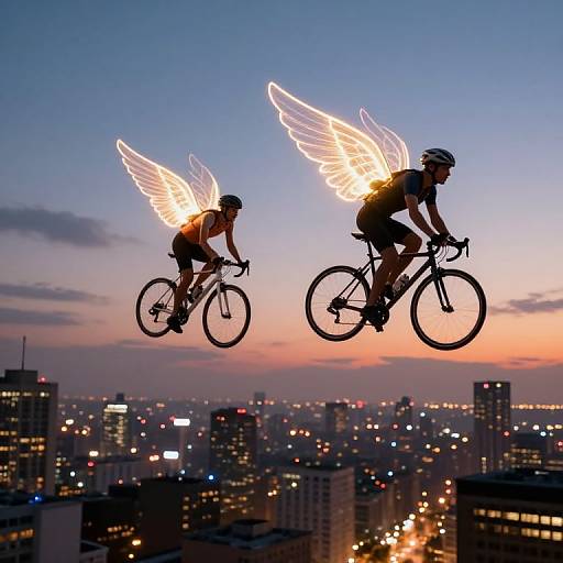 Winged Bicyclists Soaring Over City
