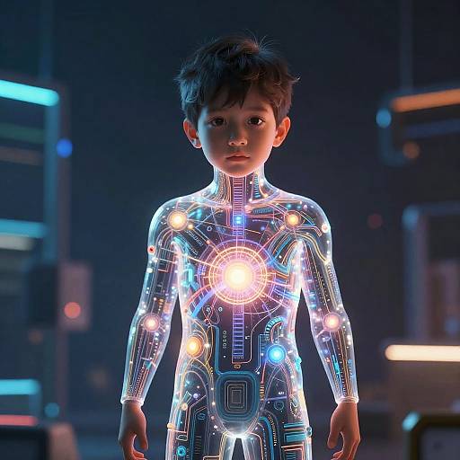 Futuristic AI Boy in Digital Dreamscape