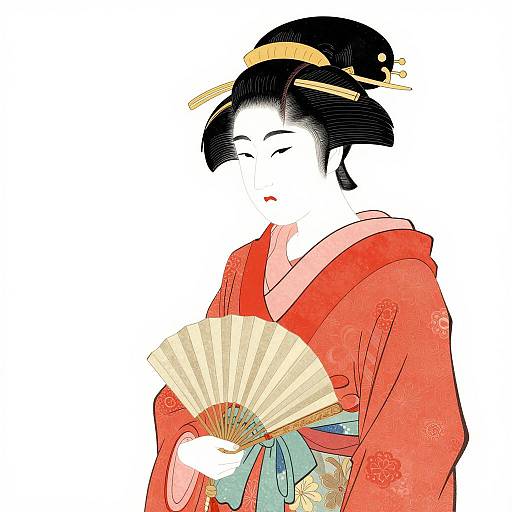 Traditional Ukiyo-e Geisha Fan Illustration