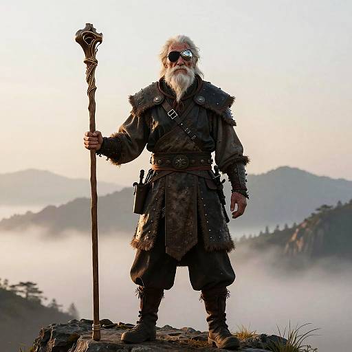 Stoic Elderly Warrior on Misty Mountain