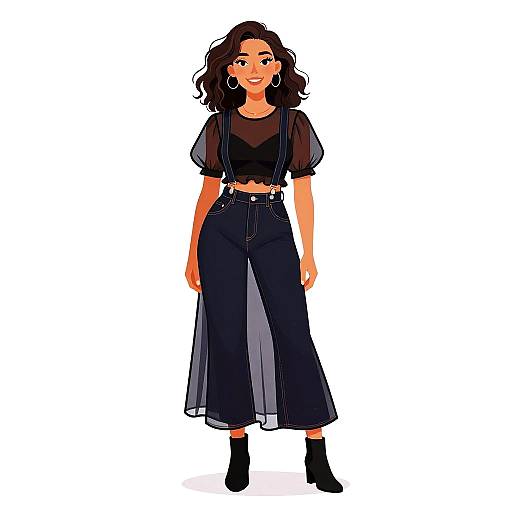 Digital illustration of a smiling woman with wavy dark hair, wearing a black mesh top, high-waisted black pants, and black ankle boots.