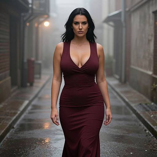 Confident Woman in Misty Alley