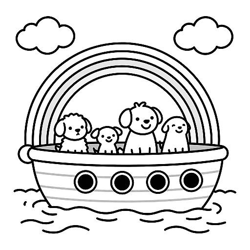 Black and white line drawing of a boat with six cute, smiling dogs under a rainbow, floating on water.