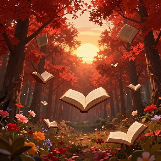 Magical forest at sunset with glowing red leaves, floating open books, and vibrant flowers. Bright, magical, ethereal scene. Digital art.