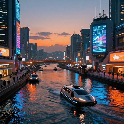 Photograph of a vibrant urban waterfront at dusk, featuring neon-lit skyscrapers, illuminated billboards, and boats navigating a reflective, colorful canal