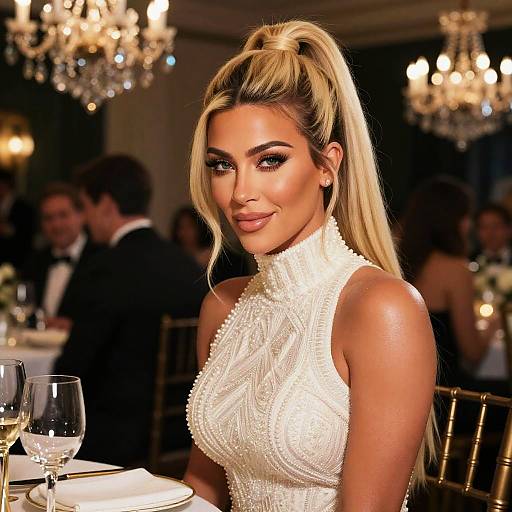 Photograph of a glamorous blonde woman with high ponytail, wearing a white, intricately-beaded sleeveless dress, smiling at a dimly-l
