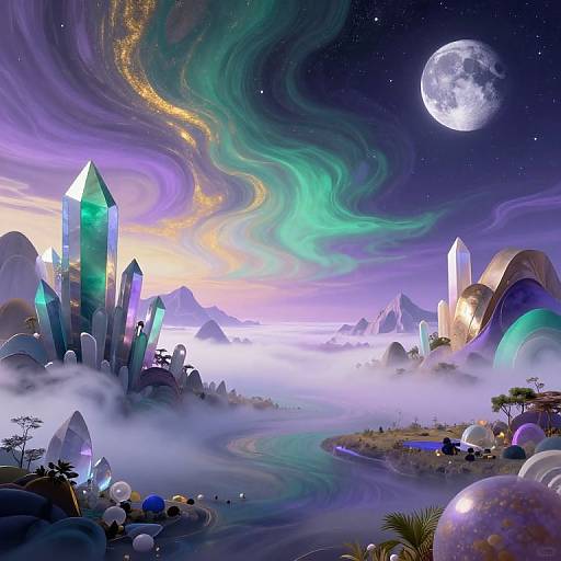 Digital fantasy landscape: glowing crystals, aurora sky, full moon, misty valley, colorful orbs, surreal mountains, vibrant colors, ethereal atmosphere