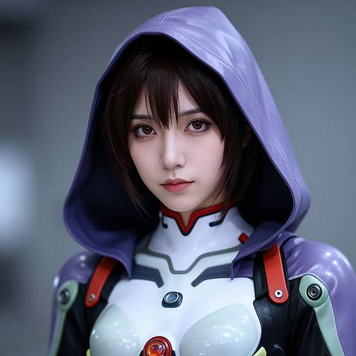 Photorealistic digital artwork of a young Asian woman in a sci-fi hooded bodysuit with white and black armor, purple hood, and red