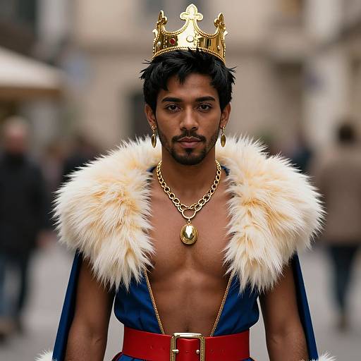 Photograph of a muscular, dark-skinned man with short black hair, wearing a gold crown, blue robe with white fur trim, red belt,
