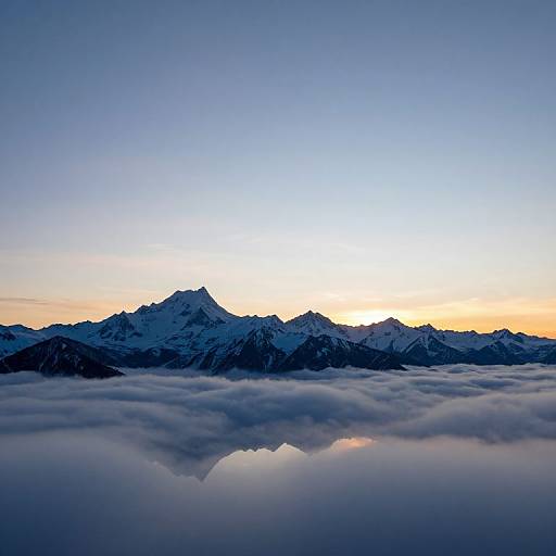 Photograph of a snow-capped mountain range at sunrise, with clouds below reflecting the sky's gradient from blue to orange.