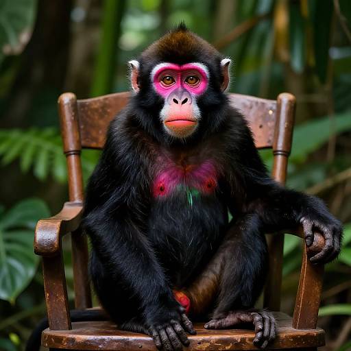 Photograph of a black-faced, pink-rimmed monkey with pink chest and red genitals, sitting on a wooden chair in a lush, green jungle
