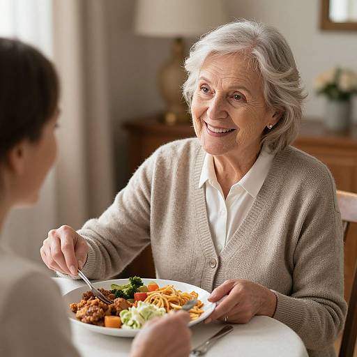 Photograph of an elderly woman with short gray hair, smiling, wearing a beige cardigan over a white shirt, eating dinner with a young woman,