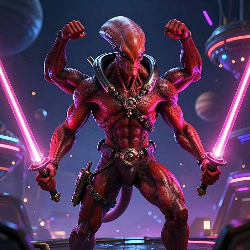 Red Four-Armed Warrior Above Neon Nightclub