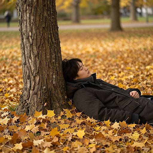 Photograph of an Asian woman with short black hair, wearing a black coat, leaning against a tree in a park covered with yellow autumn leaves, eyes