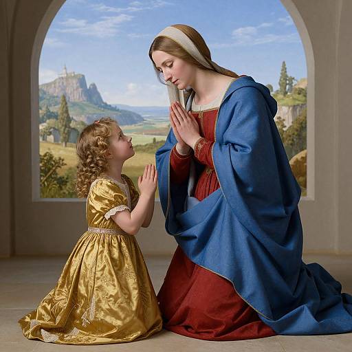 Photographic-style painting of a serene Mary in blue and red robes praying with a golden-dressed child, in a sunlit, arched windowed