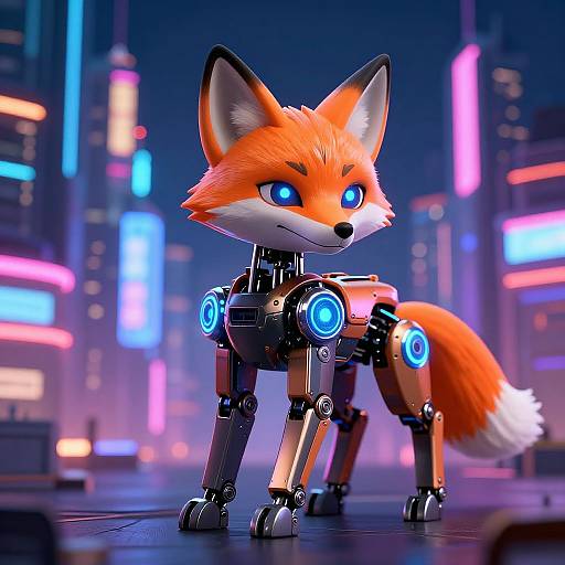 CGI image of a robotic fox with bright blue eyes, orange fur, and metallic legs standing in a neon-lit futuristic cityscape.
