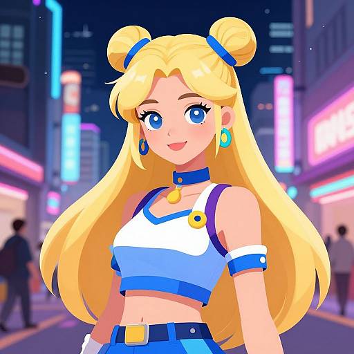 Digital anime-style artwork of a blonde girl with blue eyes, double buns, wearing a blue and white crop top, in a neon-lit city